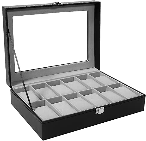 Uten Uhrenbox für 12 Uhren, Uhrenkasten Uhrenschatulle aus PU und Samftfutter mit klarem Fenster, Uhrenkoffer Geschenk