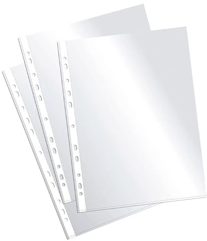 Plus Office - Fundas multitaladro de polipropileno 100% reciclable, fundas para documentos de gran apertura, lomo reforzado. 100 unidades. (Transparente - Cristal, Folio - 60 micras)