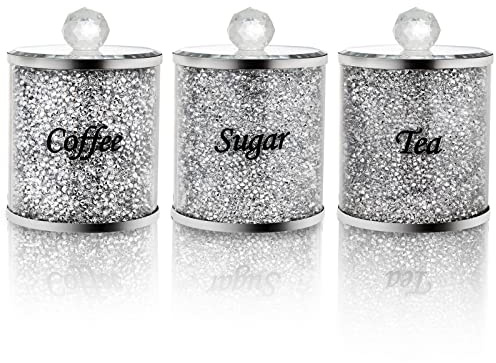 Cedilis 3 Pack Decorative Coffee Tea Sugar Canisters With Crushed Crystal Diamonds, Glass Food Storage Containers, Bling Kitchen Jar for Countertop Decor, Silver