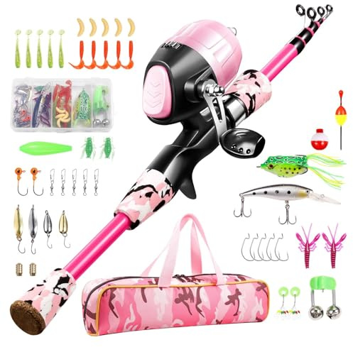 Gamashino Kids Fishing Pole - Telescopic Fishing Rod and Reel Combo Kit - Fishing Gear, Fishing Lures, Carry On Bag, 70 Set Fully Fishing Equipment - for Boys, Girls, Youth