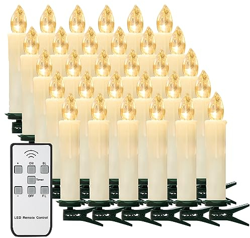 yunsheng 30er Weihnachtsbaumkerzen mit Fernbedienung Timer, Warmweiß Christbaumkerzen Kabellos, Batteriebetriebene Flammenlose Flackern Weihnachtsbaum Lichterkette, Wasserdicht, Weihnachtsdekoration
