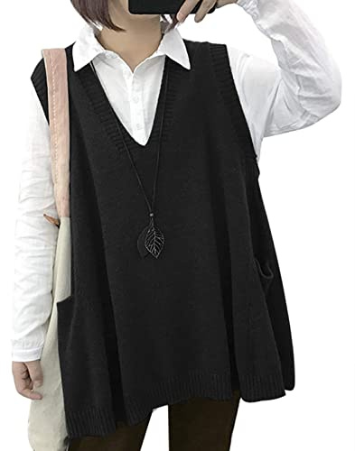 TBSCWYF Gilet Smanicato Donna Oversize Maglioni Senza Maniche in Maglia Scollo a V Chic Vintage Elasticità Maglione Canotta Doppie Tasche