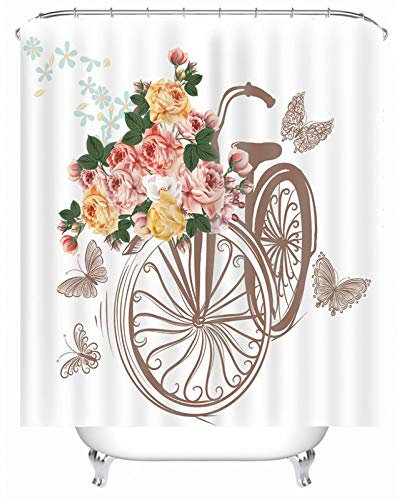 EHOMERY Duschvorhang Dachschräge Badewanne Duschrollo Maßanfertigung Fahrrad-Blumen-Schmetterling Polyester Weiß Rostfreie Ösen Und 12 Hakenringe, 180X180Cm