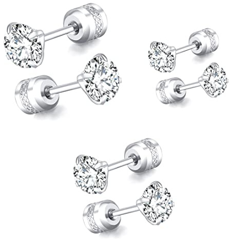 SJBAUTYO Boucles d'Oreilles en Acier Inoxydable Zircone Cubique - 3 Paires pour Hommes et Femmes - Diamants 3-5 mm