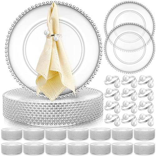 Tioncy 50 Set Clear Charger Plates Bulk Beaded Plastic Charger Plates 13 Inch, Napkin Rings, Acrylic Round Dinner Table Decorative Plate for Wedding Party Event (Clear and Silver)