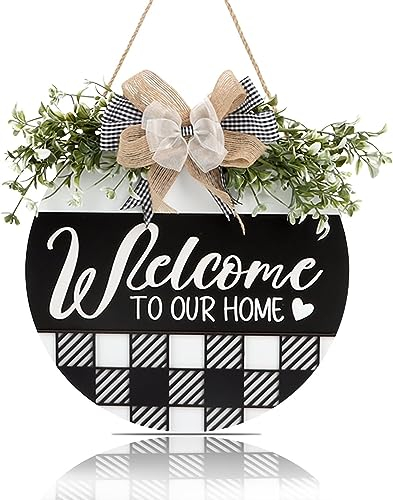 CHDITB Willkommensschild Haustür,Willkommen Türschild Willkommenskränze, Welcome to our home Holzschild Haustür,Türschild Willkommen Haustür,Türkranz Herzlich,Zum Aufhängen Wanddeko Garten Deko