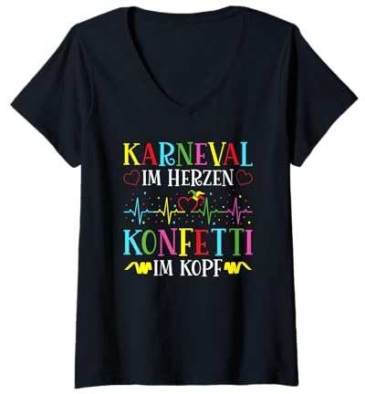 Damen Karneval im Herzen Herzschlag Konfetti Kostüm Fasching T-Shirt mit V-Ausschnitt