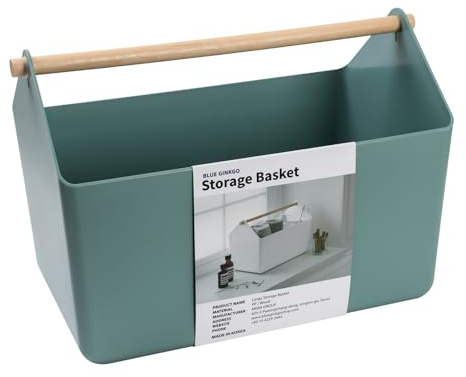 BLUE GINKGO Große Aufbewahrungskiste – Kunststoff-Caddy mit Holzgriff für Bad, Vorratsraum oder Reinigungszubehör (Grün)