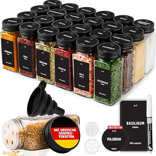 Deco Haus Juego 24 Tarros Especias con Tapa Rosca - Etiquetas, Embudo, Cepillo, Marcador - Va con Nuestros Estantes para Condimentos - Almacenamiento y Dispensador Vidrio Transparente 120ml 10.5x4.5cm