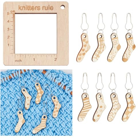 NBEADS Wood Knitting Gauge Ruler Set, Includes 1Pc Density Ruler and 8Pcs Wood Socks Stitch Markers for Sweater Knitting Spinners Yarn Measuring Tools Crochet Accessories, 7.95x7.95x0.45cm