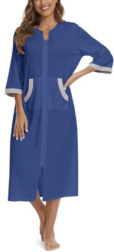 Korelayer Reißverschluss Roben für Frauen 3/4 Ärmel Hausmantel Langes Leichtes Bademantel Hauskleid mit Taschen, Blau, X-Large