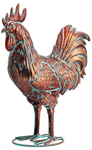 CLYB Metall-Garten-Hahn-Statuen, 39 cm L x 47 cm H, Outdoor-Huhn-Skulpturen, antikes Kupfer, Gartenskulpturen und Statuen, Metall-Huhn-Ornamente, Hahn-Dekoration für Zuhause, Küche, Terrasse,