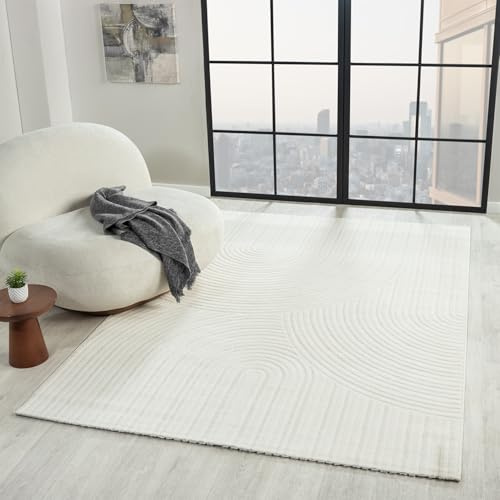 VIMODA Teppich Wohnzimmer Kurzflor Schlafzimmer Wellen Hochtief-Muster/Boho Sakndi,Farbe:Creme;Maße:160x230 cm