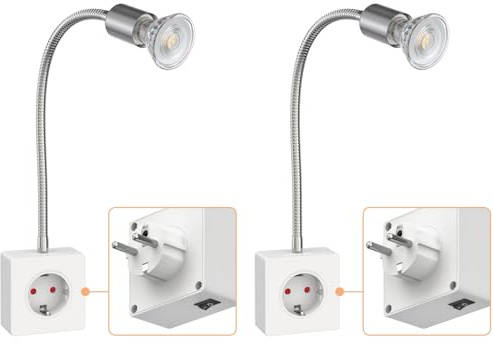 ledscom.de 2x Steckdosenlampe LESCH Leselampe, chrom/weiß inkl. GU10 LED Lampe 5,4W, 510lm, 45°, warmweiß