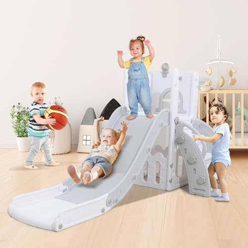 FansaFurn Kid Slide for Toddlers, 8 in 1 Toddler Slide, Age 1-3 with Basketball Hoop and Telescope, Indoor Outdoor Slide Toddler Playset Toddler Playground
