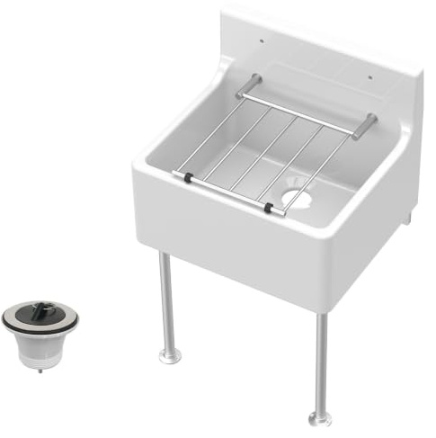 Balterley Utility Sink with Grill, Waste and Legs, Fireclay Ceramic Cleaner Sinks, Traditional Wall Mounted Small Splashback Utility Outdoor Sink Unit for Garage & Laundry - 396 x 396 x 362mm (White)