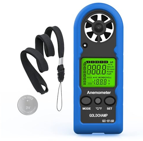 Windmesser Windmessgerät, Mini Digital Windmesser Hand, Windchill-Indikator | Windgeschwindigkeitsmesser Temperatur, Max/Durchschnittliche/Aktuelle LCD-Hintergrundbeleuchtung HVAC und Outdoor-Aktivitäten
