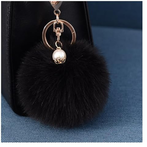 Wisafory Schlüsselanhänger Pom Pom mit Gold Perle Flauschigen Kunstfell Schlüsselbund Taschenanhänger Taschen Koffer Rucksäcke Zubehör Schlüsselring Handy Charme für Frauen Schwarz
