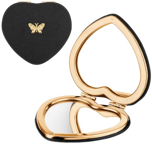 Qianyu Miroir grossissant double face en forme de cœur 1X/2X, miroir de maquillage | Pliage compact, cuir PU, ultra portable, pour femme, maison, bureau, voyage
