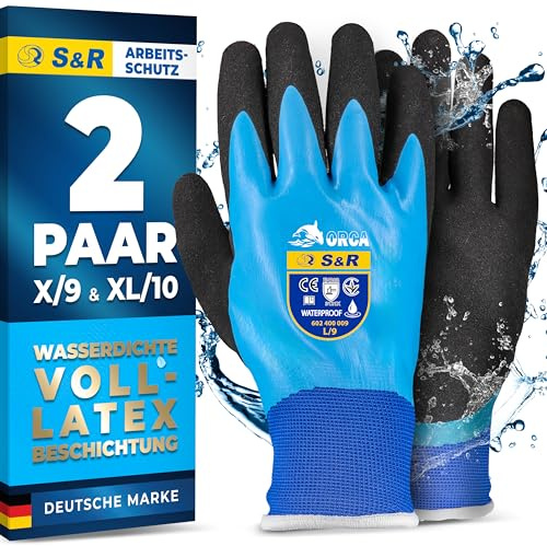 S&R Guantes de Trabajo Impermeables 2 PARES para Hombre Mujer Tallas 9 y 10. Guantes de protección Bricolaje Jardinería Mecánicos Pesca