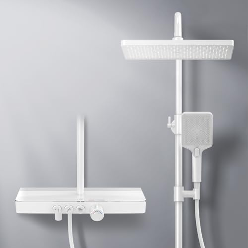 EMKE Duschsystem mit Thermostat, Regendusche Duschsystem mit 36x24cm Regenduschkopf, Brauseset mit Glasablage, Duschset mit Handbrause 3 Strahlarten, KTW-Zertifizierung, MattWeiß