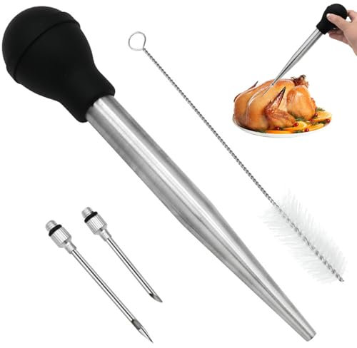 Turkey Baster Stainless Steel Turkey Baster Syringe with Silicone Pump Head Includes Detachable Needles & Cleaning Brush, Meat Injector for Cooking 1 Set
