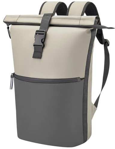 WELDUN Rolltop Rucksack für Damen & Herren, Großer 18L-27L Laptop Rucksack mit Computerfach für 17,3 Zoll Laptop, wasserfeste PU Leder Schulrucksack für Reisen Uni Arbeit Business, Grau