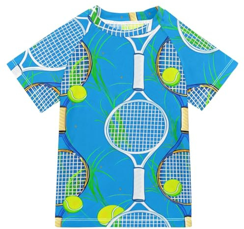 Maillot de bain bleu à manches courtes pour enfants à séchage rapide Rashguard Rashguard, Balle de tennis bleue, 5-6 ans