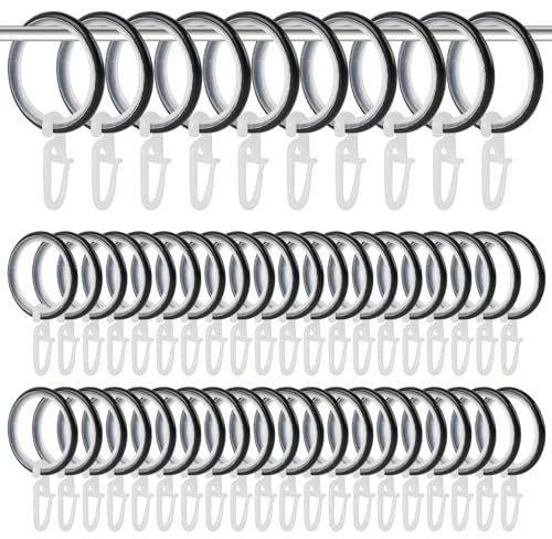Dzmuero Gardinenringe, Gardinenringe mit Haken, 50 Stück Vorhangringe aus Metall mit Haken und Geräuschlosem Ring, Innendurchmesser 27 mm, Vorhangringe für die Meisten Vorhangstangen (Schwarz)