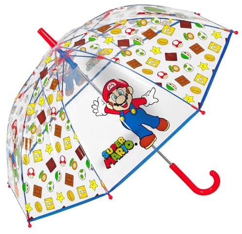 PERLETTI Parapluie Transparent Cloche Super Mario pour Enfants 3 4 5 6 Ans - Ombrelle Fils Fille avec Mario Jeu Vidéo Ouverture Manuelle - Parapluie Canne Enfant Garçon Résistant - Diamètre 69 cm