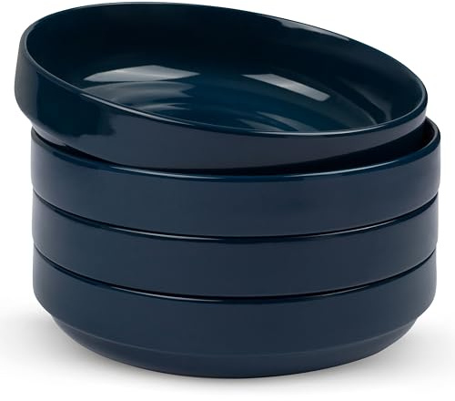KooK Lot de 4 grands bols à pâtes en céramique, passent au micro-ondes et au lave-vaisselle, parfaits pour les soupes et les salades, bols de service peu profonds, porcelaine brillante, 1,3 l, bleu
