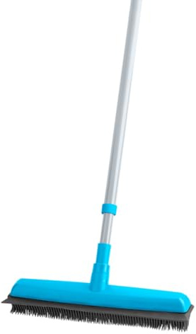 DTD QUALITY MATTERS Extendable Rubber Broom with Squeegee – Indoor Carpet Sweeper, Pet Hair Remover Brush – Telescopic Handle – Rubber Bristles – Grey, Turquoise or Metallic (Blue)