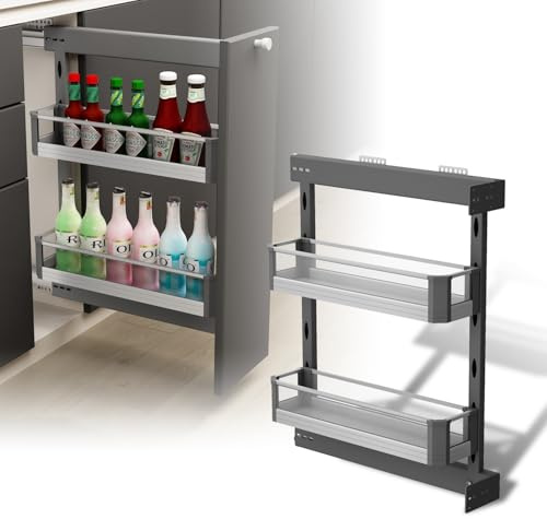 VADANIA Panier de tiroir de cuisine extractible pour meubles de 200 mm, organisateur d'épices à 2 niveaux, parois latérales en verre, fermeture en douceur, montage gauche/droite