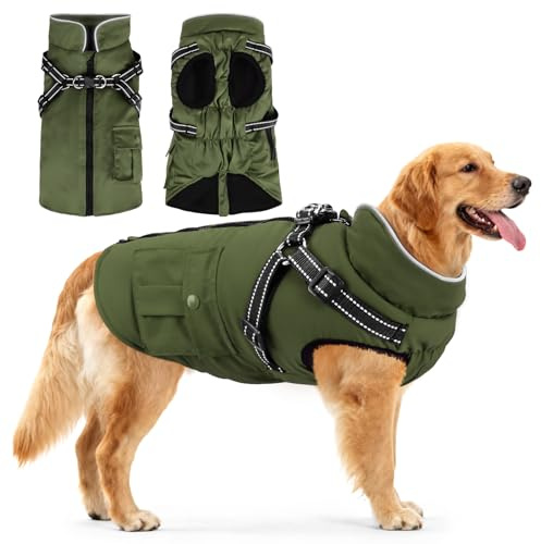 Woiil Hundemantel Hundejacke Wintermantel für Grosse Hunde, Hundemantel Winter mit Geschirr, Hunde Wintermantel Ärmellose Baumwolle Gepolsterte Weste Wasserdicht Warme Reflektierend, Armeegrün XXL