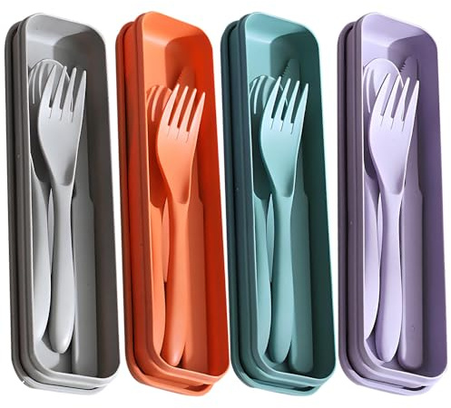 4 Sets Tragbare Plastik Besteck mit Etui, Wiederverwendbares Camping Besteck, Kunststoff-Besteck-Set mit Löffeln Gabeln und Messern für Picknick Camping Schule