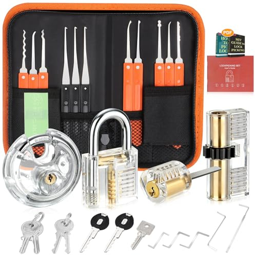 Diyife 32 Stück Dietrich, Lockpicking Set - Doppelzylinder mit 1 Rundbügelschloss, 3 Transparentem Trainingsschlössern, mit Orangefarbener, Rutschfester Verlängertem Griff, für Anfänger und Profis