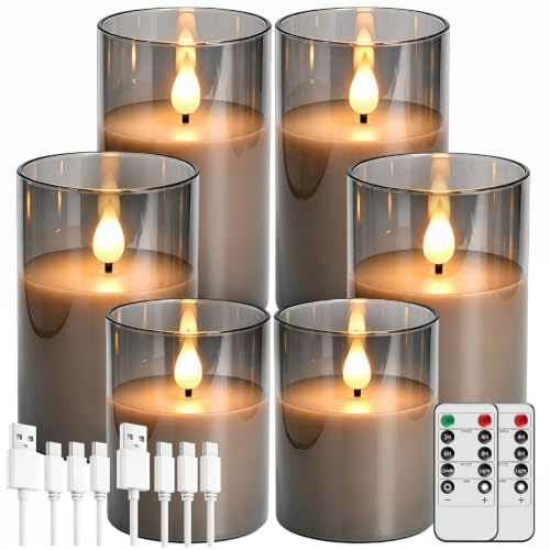 Broyal 6er-Set Led Kerzen Aufladbar,Grau Glas LED Kerzen(15/12.5/10cm),Flammenlose Kerze mit Fernbedienung und Timer,für Home und Feste Weihnachts Decor