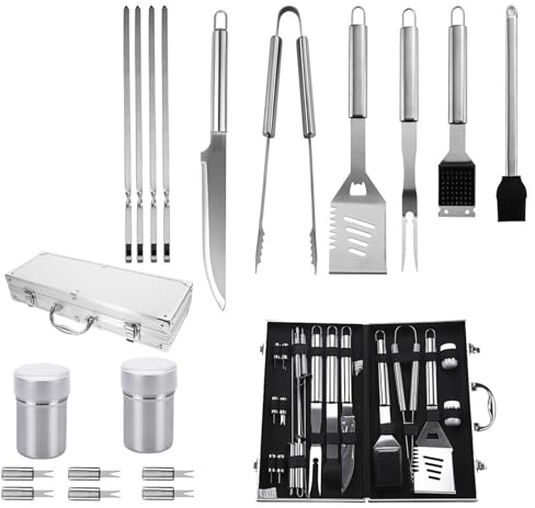 BäRbar Utomhusgrill I AluminiumlåDa, Grillverktyg I Rostfritt StåL, GrilltillbehöR, LäMplig FöR Camping, Picknick, Fest, Praktisk Present FöR MäN,18-pieceset