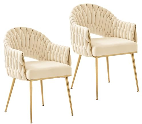 SUPPNEED Samt Esszimmerstühle 2er Set, Sessel Wohnzimmer, Stühle Esszimmer mit Armlehne, Küchenstühle mit handgeflochtenen Hochlehner, Schminktisch Stuhl mit Gold Beine, Balkonstuhl(2, Weiß)