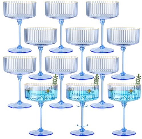 HKSZEH 12 PCS Plastic Champagne Coupe Cup Ocean Blue Ribbed Coupe Glasses 10oz Detachable Gold Rim Espresso Martini Glass Vintage Margarita Glassware Cocktail Glass Set for Baby Shower Hanukkah