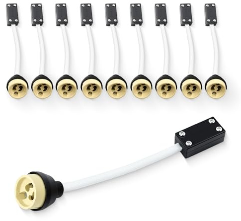 10 stycken GU10-lamphållare förmonterad med anslutningsklämmor och kabeldosa – keramisk bas, 15 cm silikonledare (ren koppar), vitt isoleringsrör, 250 V, för LED och halogen, infällda spotlights
