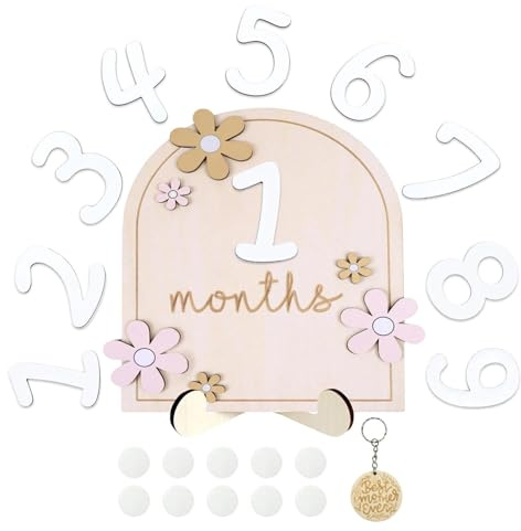 Baby Milestone Cards, Milestone Baby Cards with Wooden Keyrings, Photo Props with Replaceable Number for Infants 0-12 Months Baby Shower Growth Recording