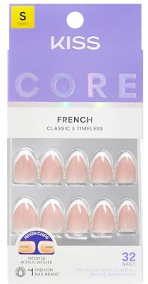 KISS CORE Press On Nails, Nail Glue Included, ‘Passionate’, White, Short Length, Almond Shape, Includes 32 Nails, 2g Glue, 1 Manicure Stick, 1 Mini File