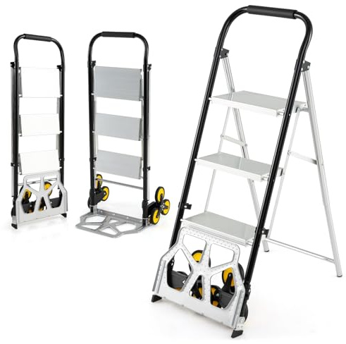 COSTWAY 2-i-1 trappsäckkärra med stege, säckkärra trappklättrare vikbar med gummihjul trappkärra max. 100 kg, 3-steg, stegstege max. 250 kg, hopfällbar kärra i aluminium för hem, lager, kontor