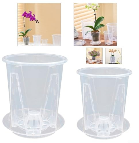 Vasi trasparenti per orchidee con vassoi, 5 pezzi, per una migliore estetica e cura delle piante (14 cm)