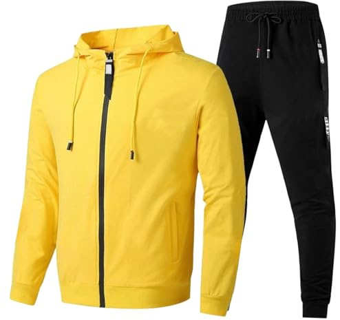 Komplett set sportträningsoveraller för män 2026 herr vår sommar höst löpning fitness fritid enfärgad sweatshirt byxor dragkedja skjorta sportdräkt för promenader löpning vandring, gUL, 3XL