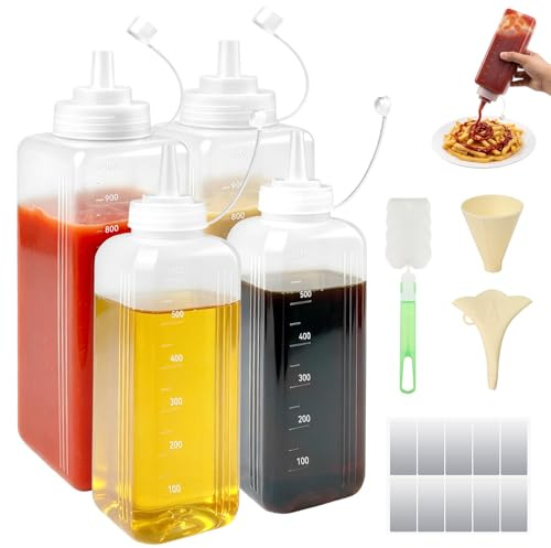 BATHRINS 4 Stück Quetschflasche 1000ml & 600ml | Plastik Squeezeflasche, Kein Leck Saucenflasche mit Messskala Etiketten Bürsten & Trichter für Ketchup Scharfe Soßen