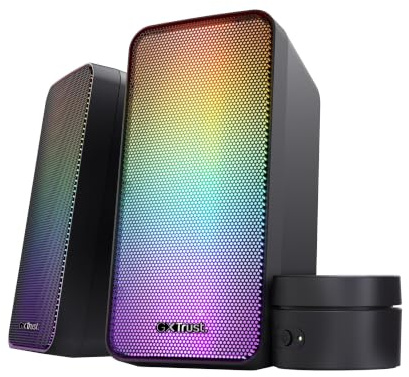 GXTrust Ezaro 2.0 Casse PC Gaming con Illuminazione LED RGB, Nero | Manopola di Controllo, Alimentazione USB, 3.5 mm, 12W, Altoparlanti PC Stereo per Computer Laptop Portatile Desktop Giochi