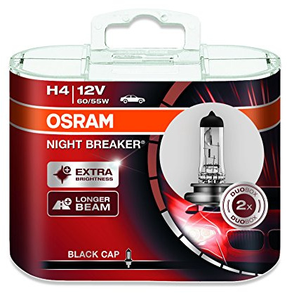 Osram NIGHT BREAKER H4, Halogen-Scheinwerferlampe, 64193NB-HCB, 12V, Duobox (2 Stück)