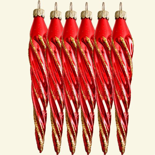 Lauschaer Glaskunst-Christbaumkugel Eiszapfen 12 cm (Rot glänzend) - 4 Stück